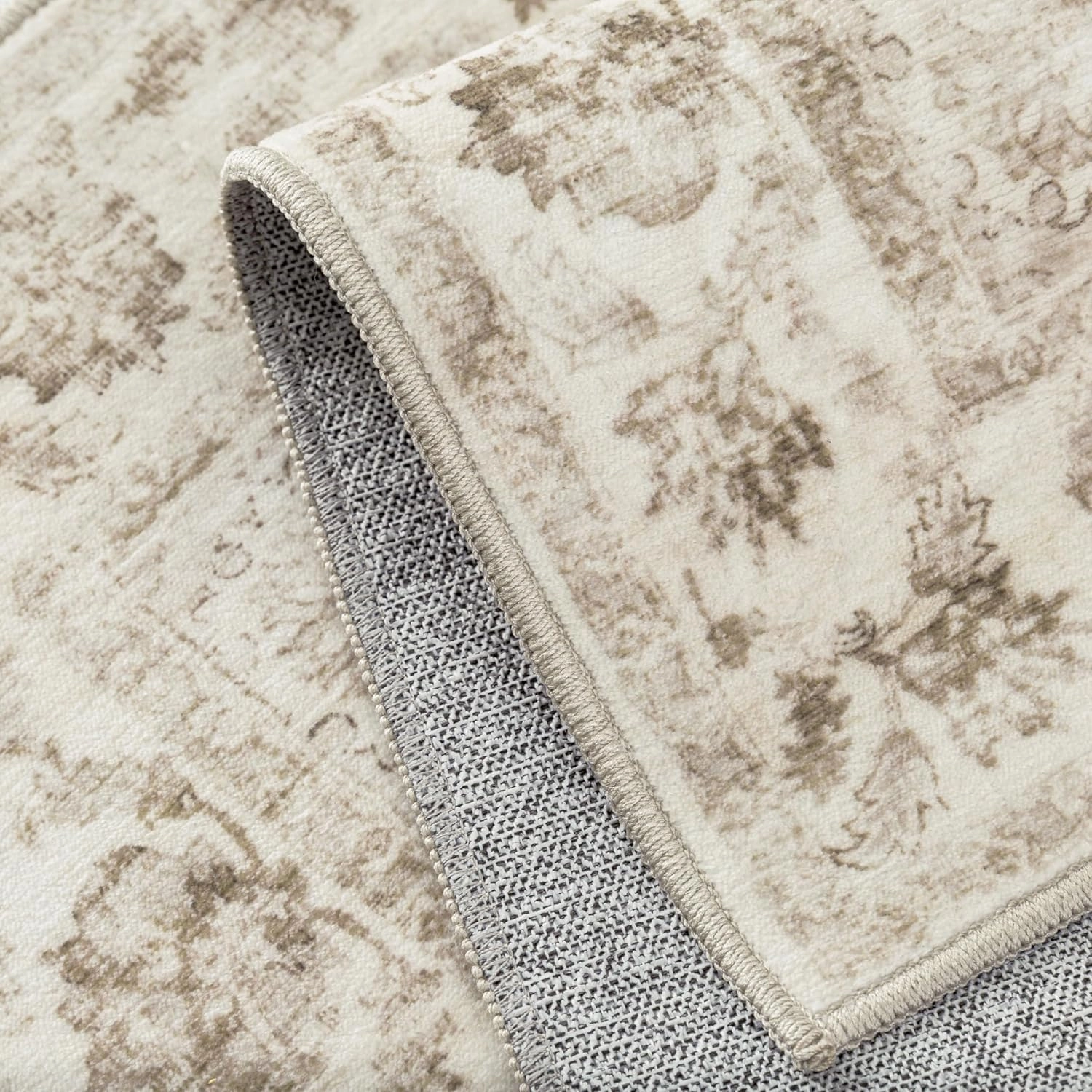 2x6 Washable Neutral Runner Rug Beige Hallway Kitchen Non-Slip Low Pile Floral Carpet Vintage Soft Thin Throw Rug for Bathroom Bedroom Entryway Laundry Dining Room