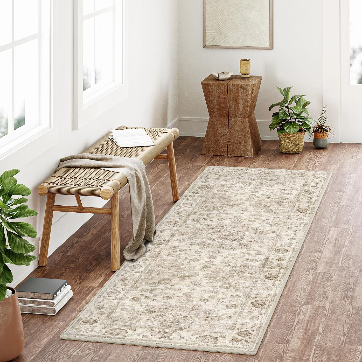 2x6 Washable Neutral Runner Rug Beige Hallway Kitchen Non-Slip Low Pile Floral Carpet Vintage Soft Thin Throw Rug for Bathroom Bedroom Entryway Laundry Dining Room