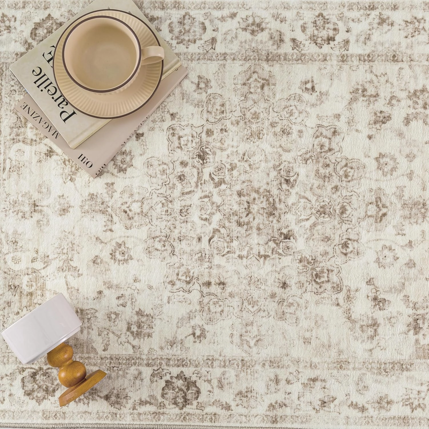 2x6 Washable Neutral Runner Rug Beige Hallway Kitchen Non-Slip Low Pile Floral Carpet Vintage Soft Thin Throw Rug for Bathroom Bedroom Entryway Laundry Dining Room