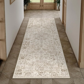 2x6 Washable Neutral Runner Rug Beige Hallway Kitchen Non-Slip Low Pile Floral Carpet Vintage Soft Thin Throw Rug for Bathroom Bedroom Entryway Laundry Dining Room