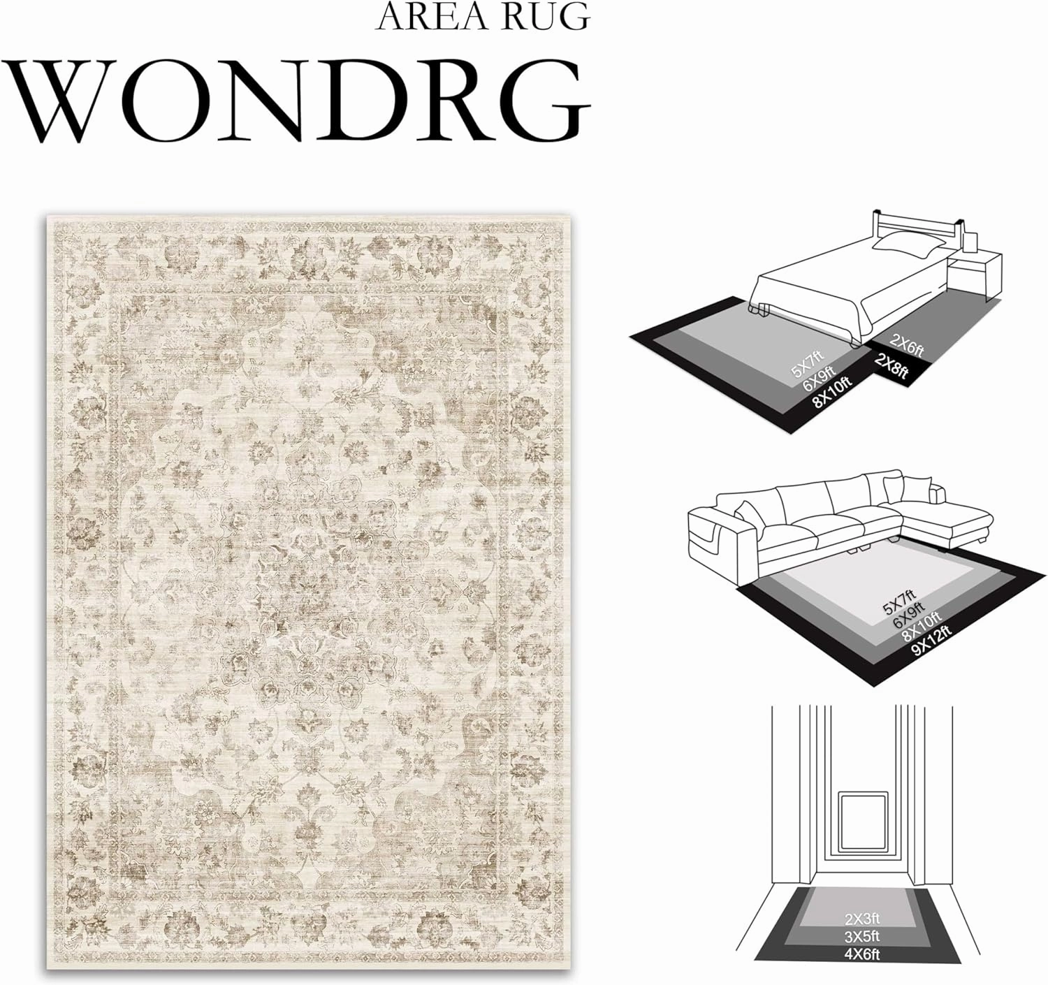 2x6 Washable Neutral Runner Rug Beige Hallway Kitchen Non-Slip Low Pile Floral Carpet Vintage Soft Thin Throw Rug for Bathroom Bedroom Entryway Laundry Dining Room
