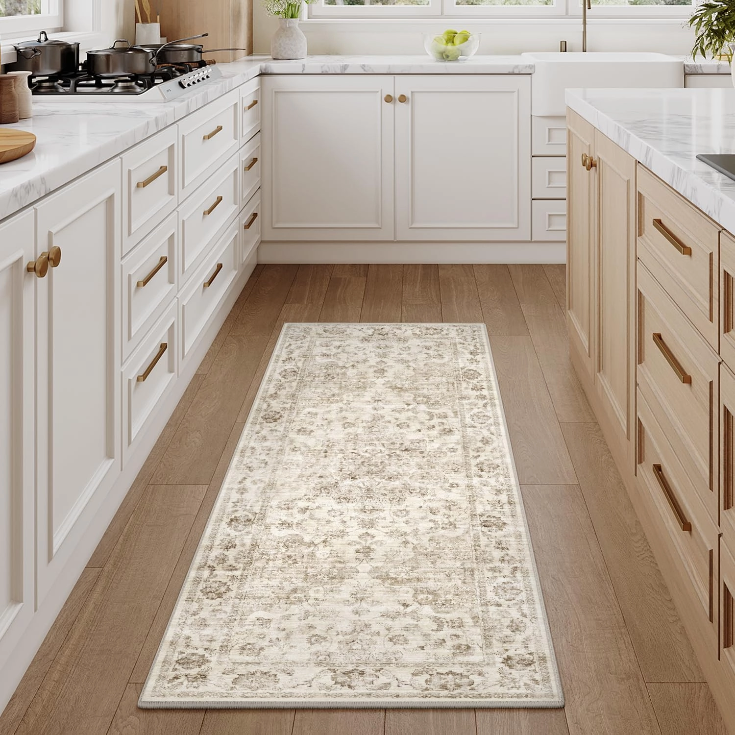 2x6 Washable Neutral Runner Rug Beige Hallway Kitchen Non-Slip Low Pile Floral Carpet Vintage Soft Thin Throw Rug for Bathroom Bedroom Entryway Laundry Dining Room
