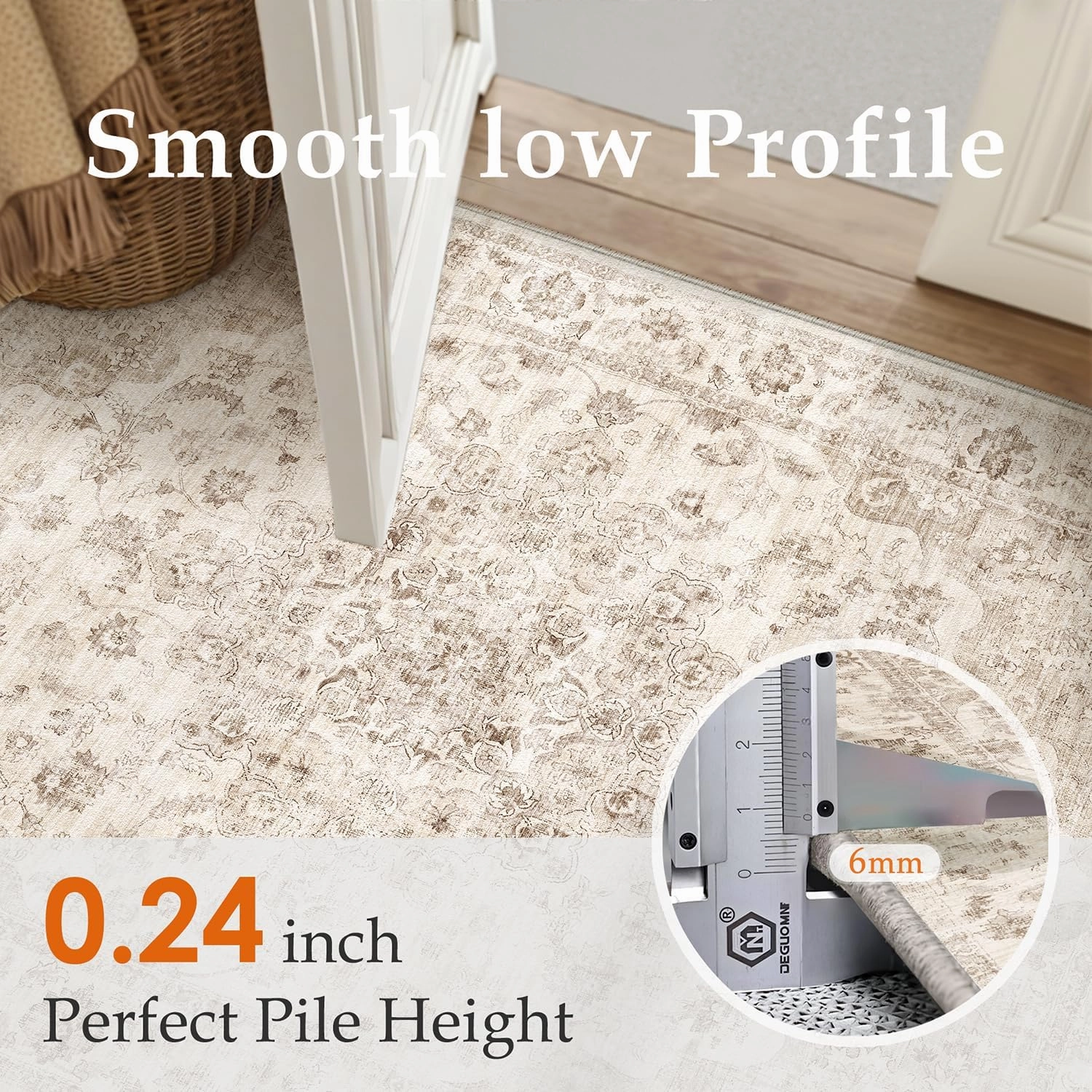 2x6 Washable Neutral Runner Rug Beige Hallway Kitchen Non-Slip Low Pile Floral Carpet Vintage Soft Thin Throw Rug for Bathroom Bedroom Entryway Laundry Dining Room