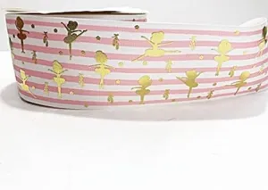 3 inch Grosgrain Ribbon Gold Foil Ballerina Girl Dancing and Shoe on Pink and White Striped Printed are for Hair Bows Crafts Gifts and More. Zero Shipping. First Class. (5 Yards)