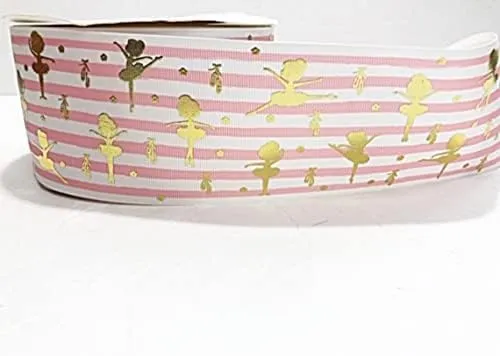 3 inch Grosgrain Ribbon Gold Foil Ballerina Girl Dancing and Shoe on Pink and White Striped Printed are for Hair Bows Crafts Gifts and More. Zero Shipping. First Class. (5 Yards)