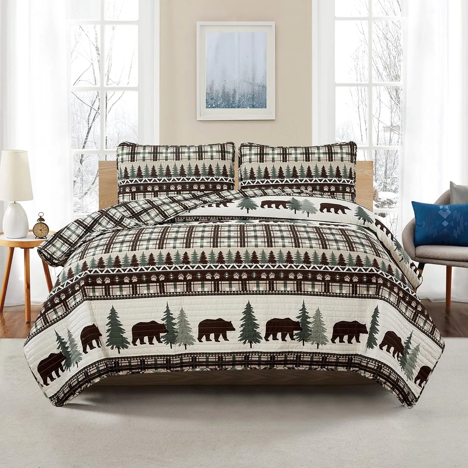 3 Piece Reversible Quilt Set with Shams | All-Season Soft & Lightweight Bedspread | Rustic Lodge Cabin Printed Plaid Design | Cedar Creek Collection (Full/Queen, Chocolate/Green)