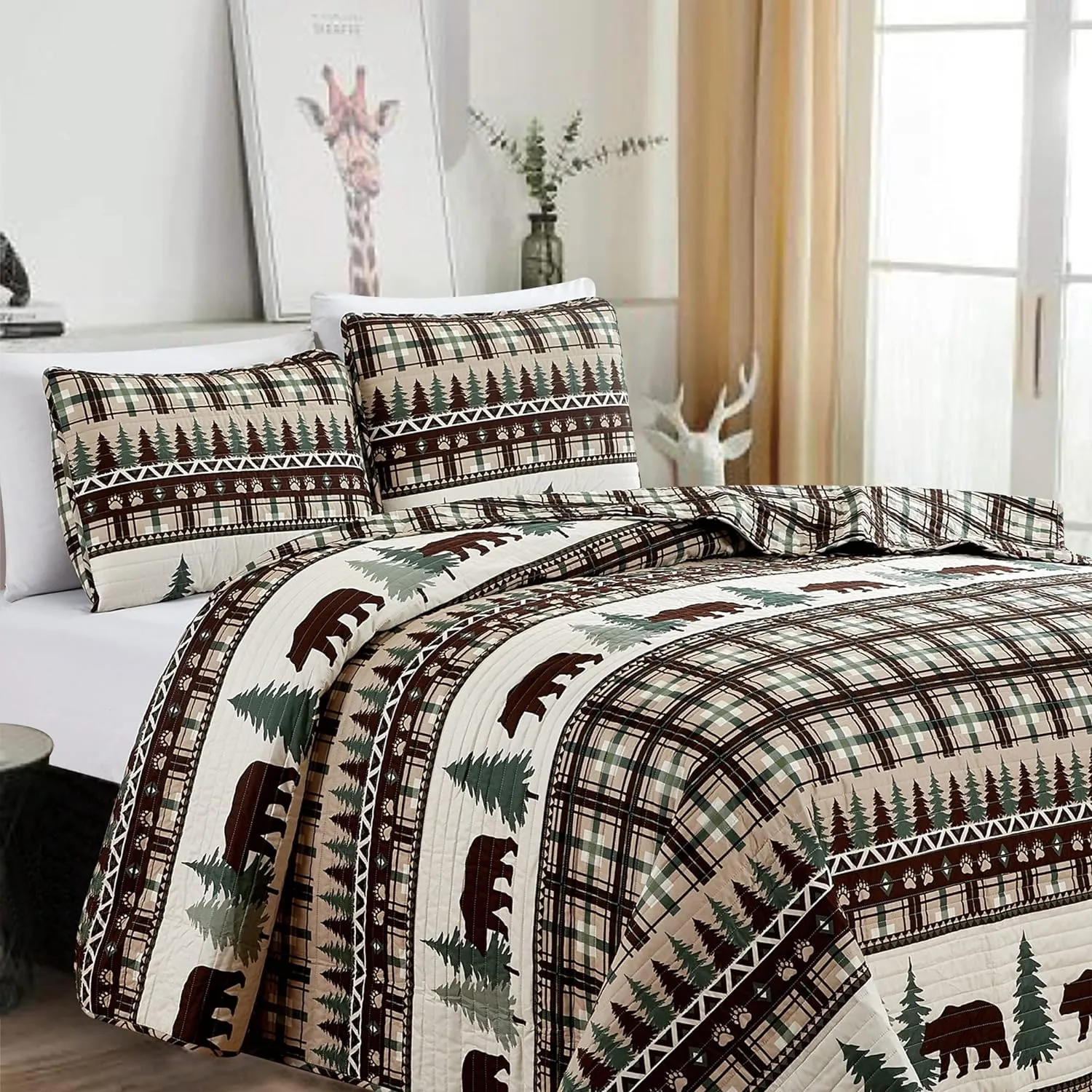 3 Piece Reversible Quilt Set with Shams | All-Season Soft & Lightweight Bedspread | Rustic Lodge Cabin Printed Plaid Design | Cedar Creek Collection (Full/Queen, Chocolate/Green)