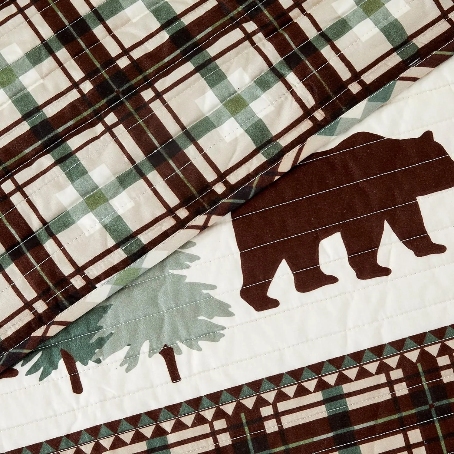 3 Piece Reversible Quilt Set with Shams | All-Season Soft & Lightweight Bedspread | Rustic Lodge Cabin Printed Plaid Design | Cedar Creek Collection (Full/Queen, Chocolate/Green)