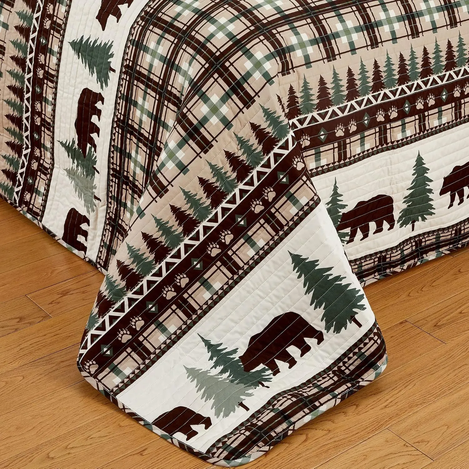 3 Piece Reversible Quilt Set with Shams | All-Season Soft & Lightweight Bedspread | Rustic Lodge Cabin Printed Plaid Design | Cedar Creek Collection (Full/Queen, Chocolate/Green)