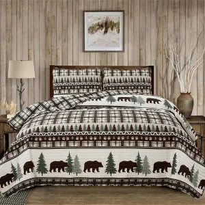 3 Piece Reversible Quilt Set with Shams | All-Season Soft & Lightweight Bedspread | Rustic Lodge Cabin Printed Plaid Design | Cedar Creek Collection (Full/Queen, Chocolate/Green)