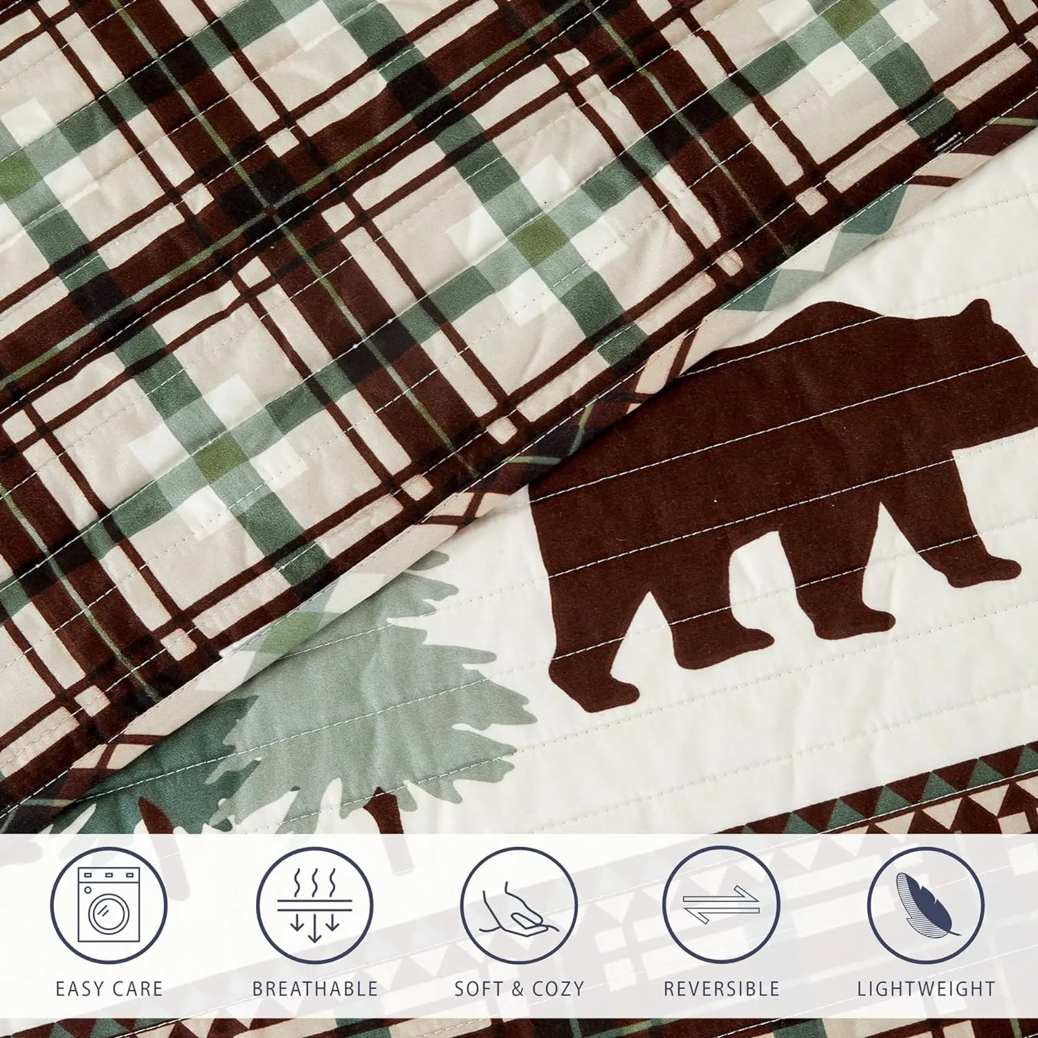 3 Piece Reversible Quilt Set with Shams | All-Season Soft & Lightweight Bedspread | Rustic Lodge Cabin Printed Plaid Design | Cedar Creek Collection (Full/Queen, Chocolate/Green)