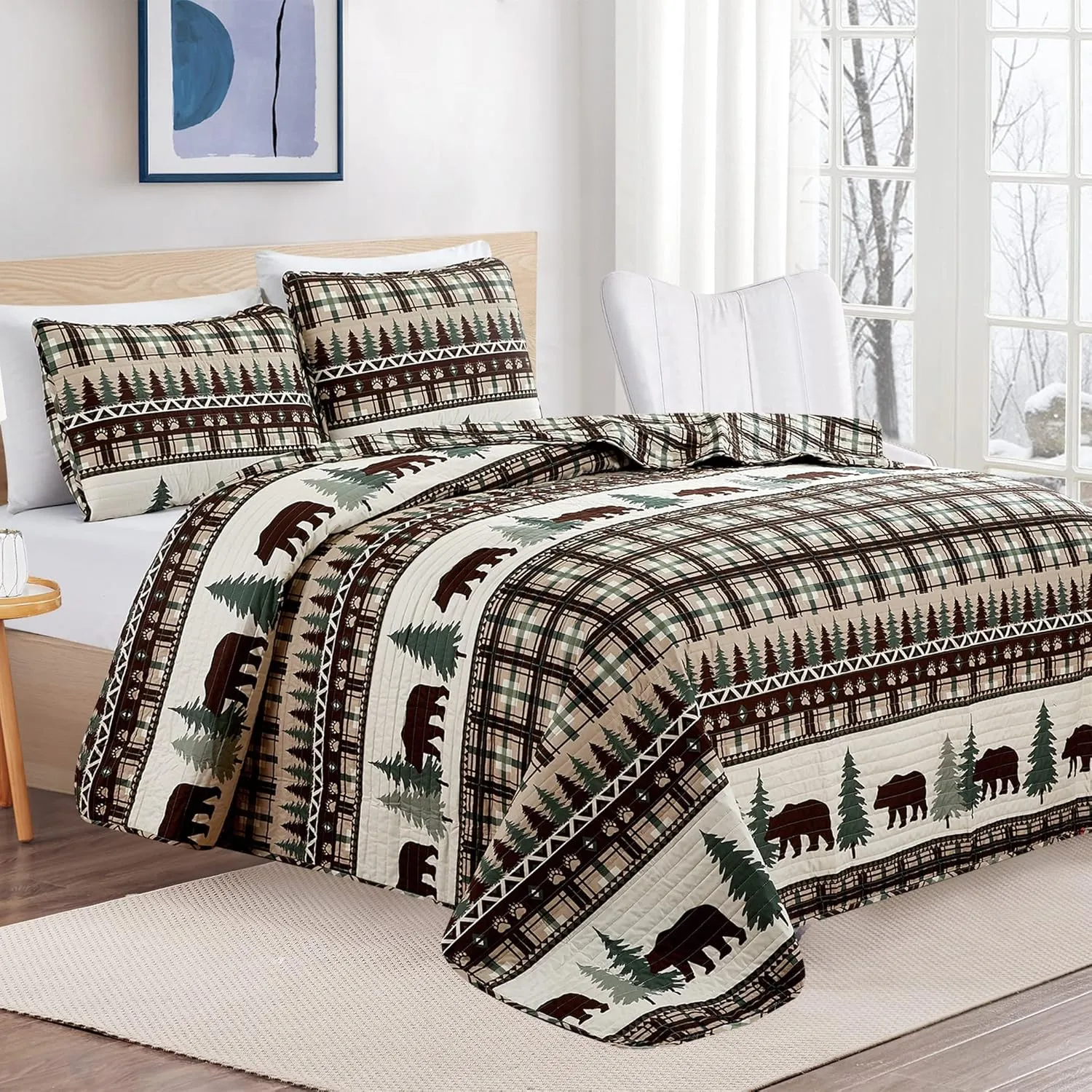 3 Piece Reversible Quilt Set with Shams | All-Season Soft & Lightweight Bedspread | Rustic Lodge Cabin Printed Plaid Design | Cedar Creek Collection (Full/Queen, Chocolate/Green)