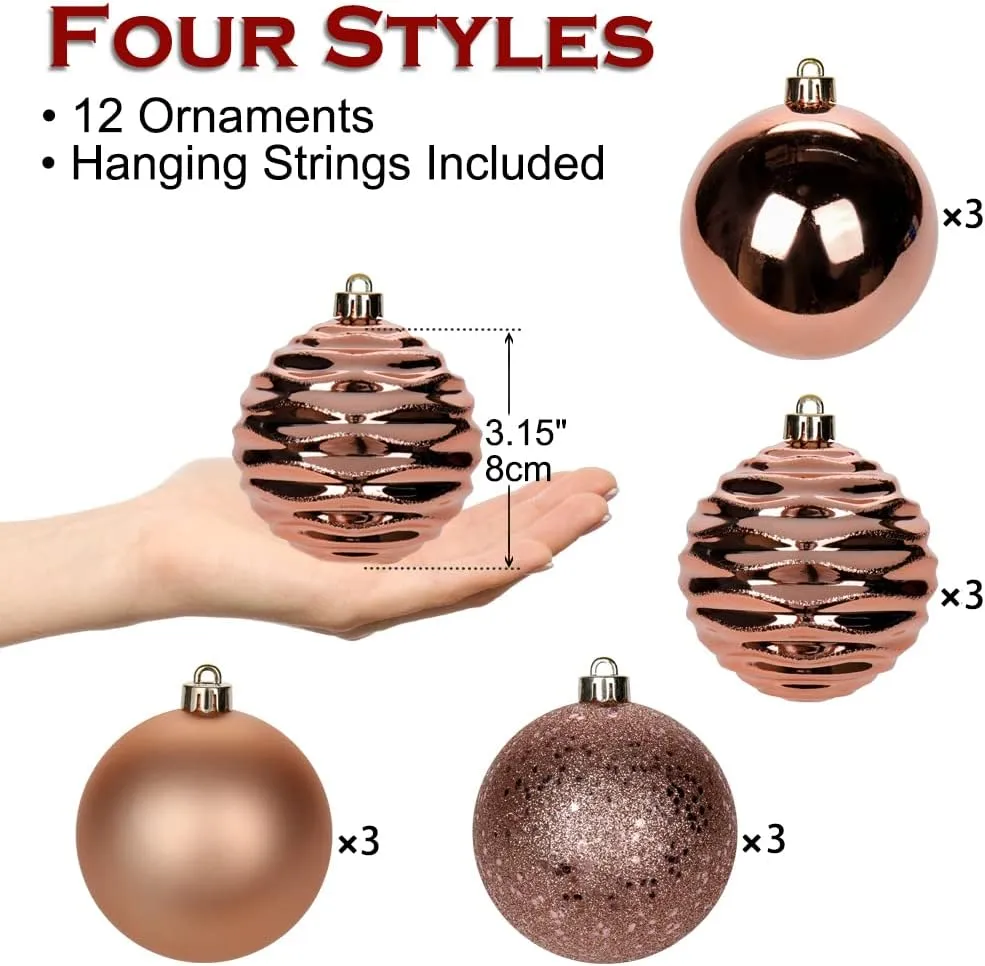3.15" Rose Gold Christmas Ornaments for Christmas Tree 12 Pcs Medium Shatterproof Balls Christmas Tree Decorations Xmas Ornaments Balls with Hanging Loop for Wedding Holiday Party Wreath Home Decor