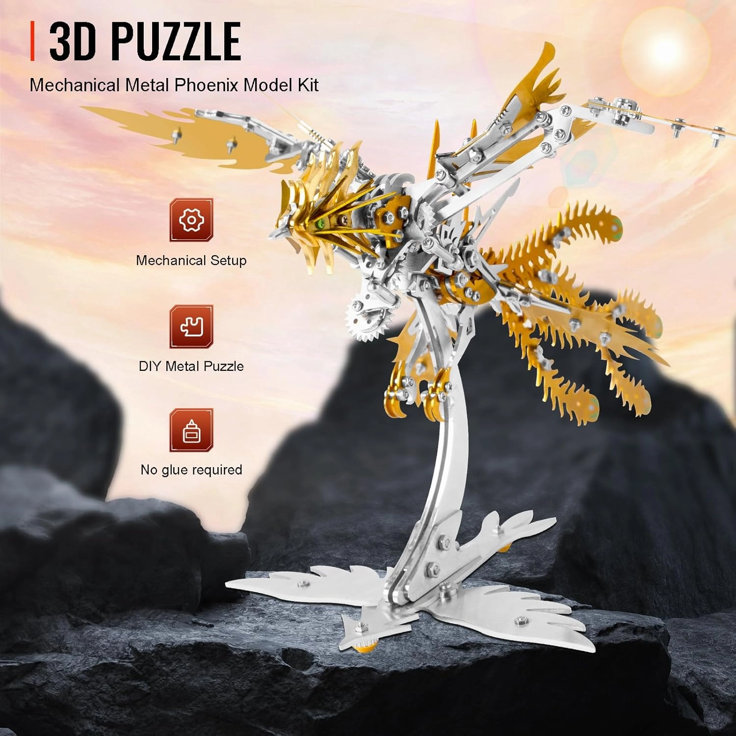 3D Metal Puzzles for Adults,Golden Phoenix Mechanical Puzzle,DIY Metal Assembly Model Kits,Stainless Steel Animal Bird Toy Building Block Birthday Gifts for Men Women (Gold)