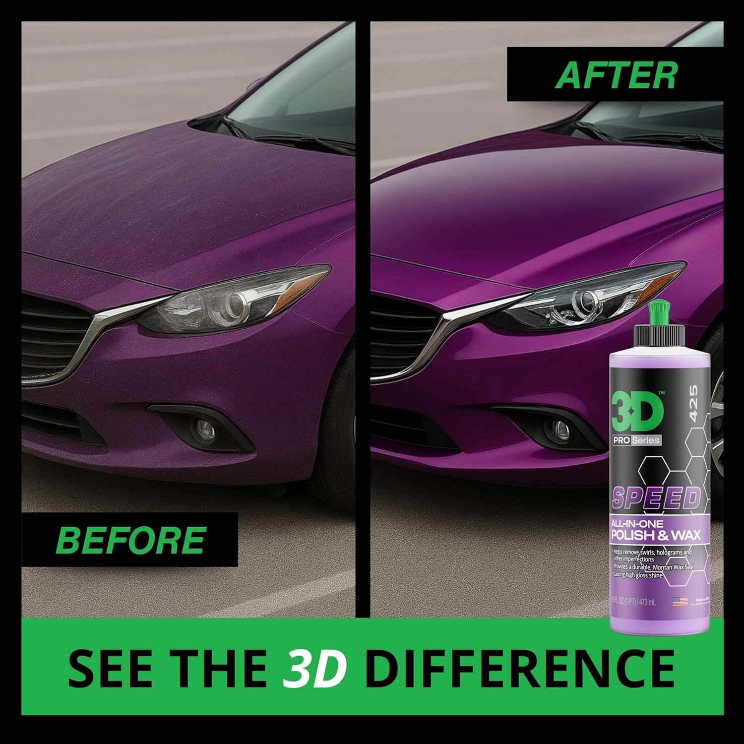 3D Speed All-In-One Polish & Wax – Scratch & Swirl Remover, Clear Coat Safe Paint Sealant – High Gloss Finish, Easy Application – 16oz – Made in USA