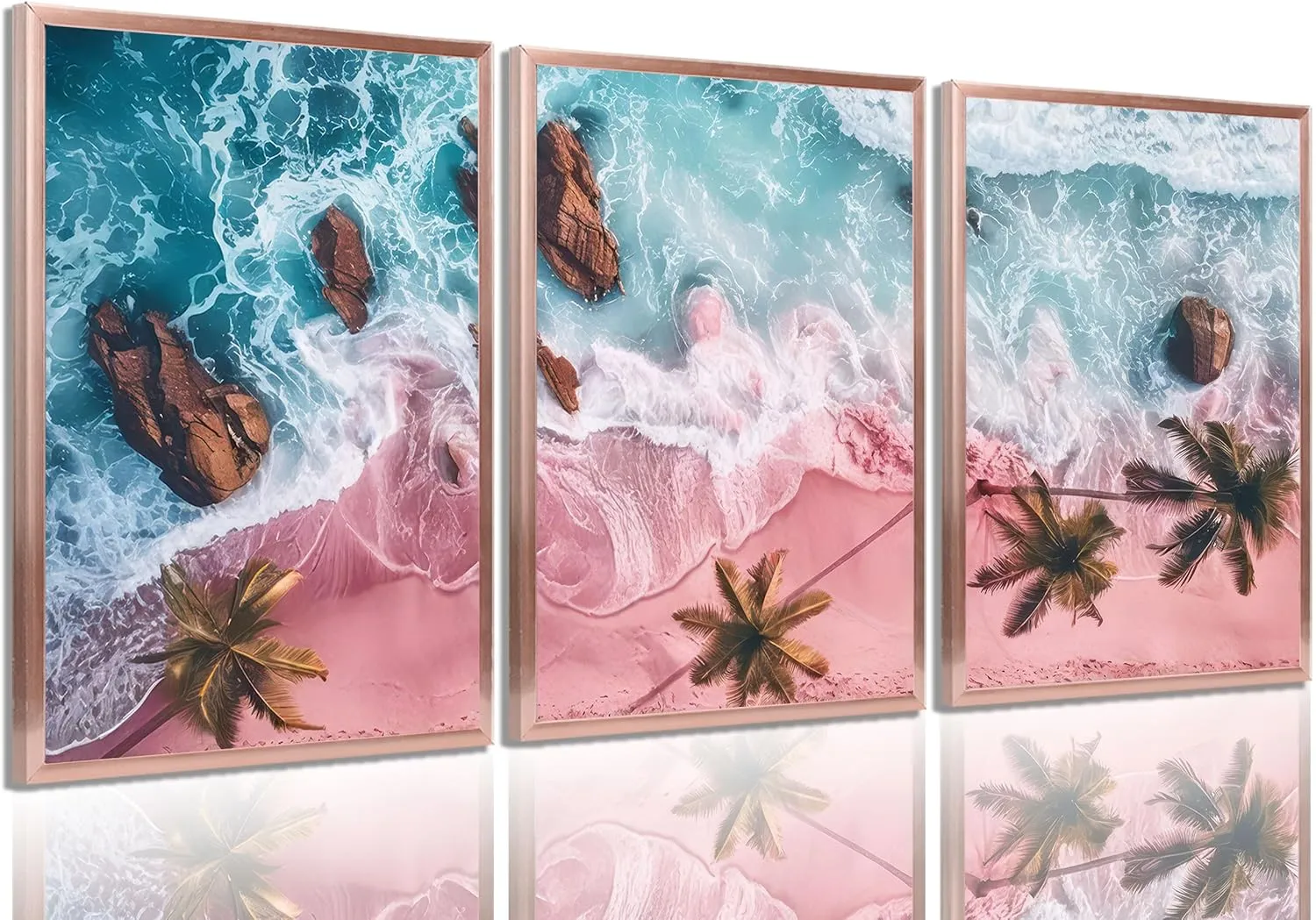 3Pcs Pink Beach Canvas Wall Art Tropical Coastal Palm Trees Wall Decor Pictures Preppy Ocean Wave Landscape Posters Prints for Living Room Bedroom Teen Girls Room Artwork Home Decoration Unframed