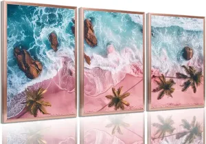 3Pcs Pink Beach Canvas Wall Art Tropical Coastal Palm Trees Wall Decor Pictures Preppy Ocean Wave Landscape Posters Prints for Living Room Bedroom Teen Girls Room Artwork Home Decoration Unframed