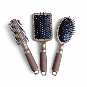 3Pcs Luxury Hair Brush Set, Premium Style Round Oval and Paddle Hair Brushes for All Hair Types (Metallic Gold)