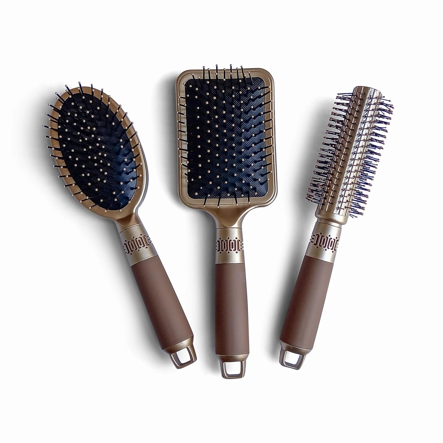 3Pcs Luxury Hair Brush Set, Premium Style Round Oval and Paddle Hair Brushes for All Hair Types (Metallic Gold)
