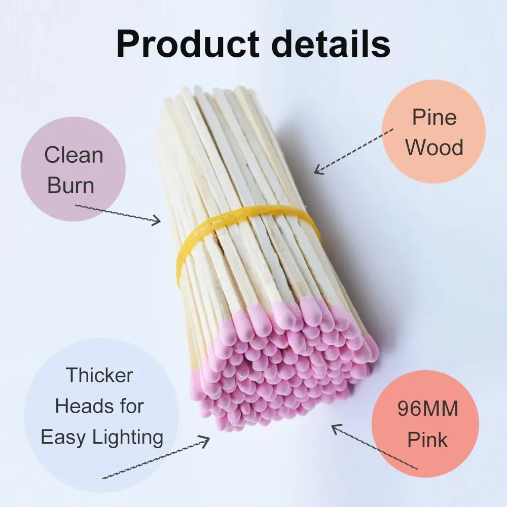 4-Inch Pink Safety Matches, 100 Count Long Wooden Matchsticks for Candles, Fireplaces, and Decor