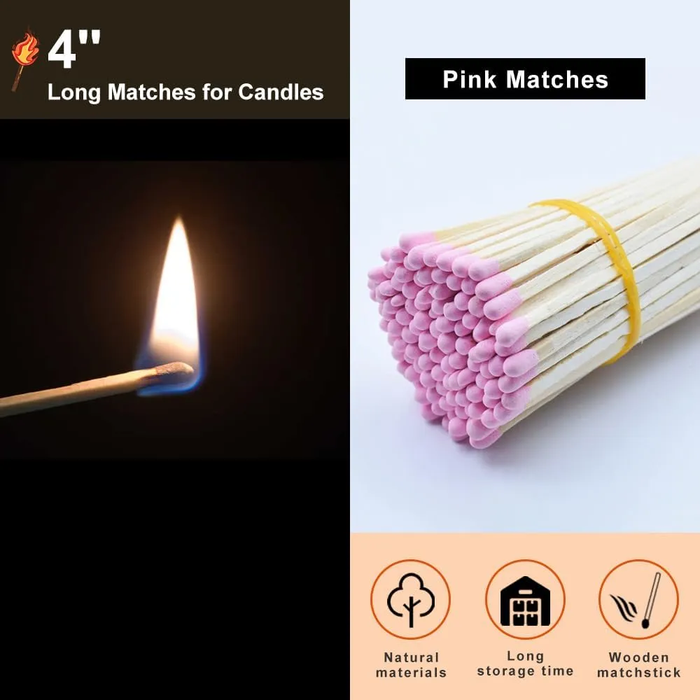 4-Inch Pink Safety Matches, 100 Count Long Wooden Matchsticks for Candles, Fireplaces, and Decor