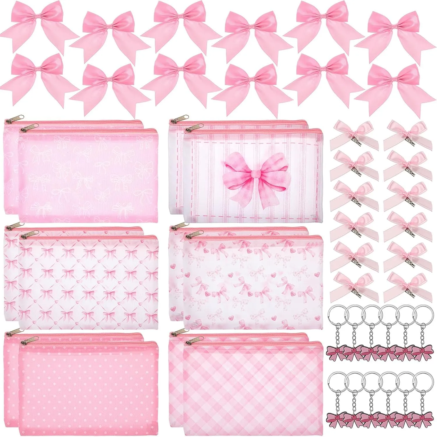 48 Pcs Pink Bow Party Favors Included Coquette Makeup Bags Keychains Pink Bows Hair Clips Coquette Birthday Party Gifts Bulk for Women Bestie Coworker