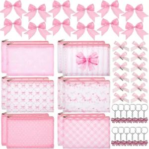 48 Pcs Pink Bow Party Favors Included Coquette Makeup Bags Keychains Pink Bows Hair Clips Coquette Birthday Party Gifts Bulk for Women Bestie Coworker