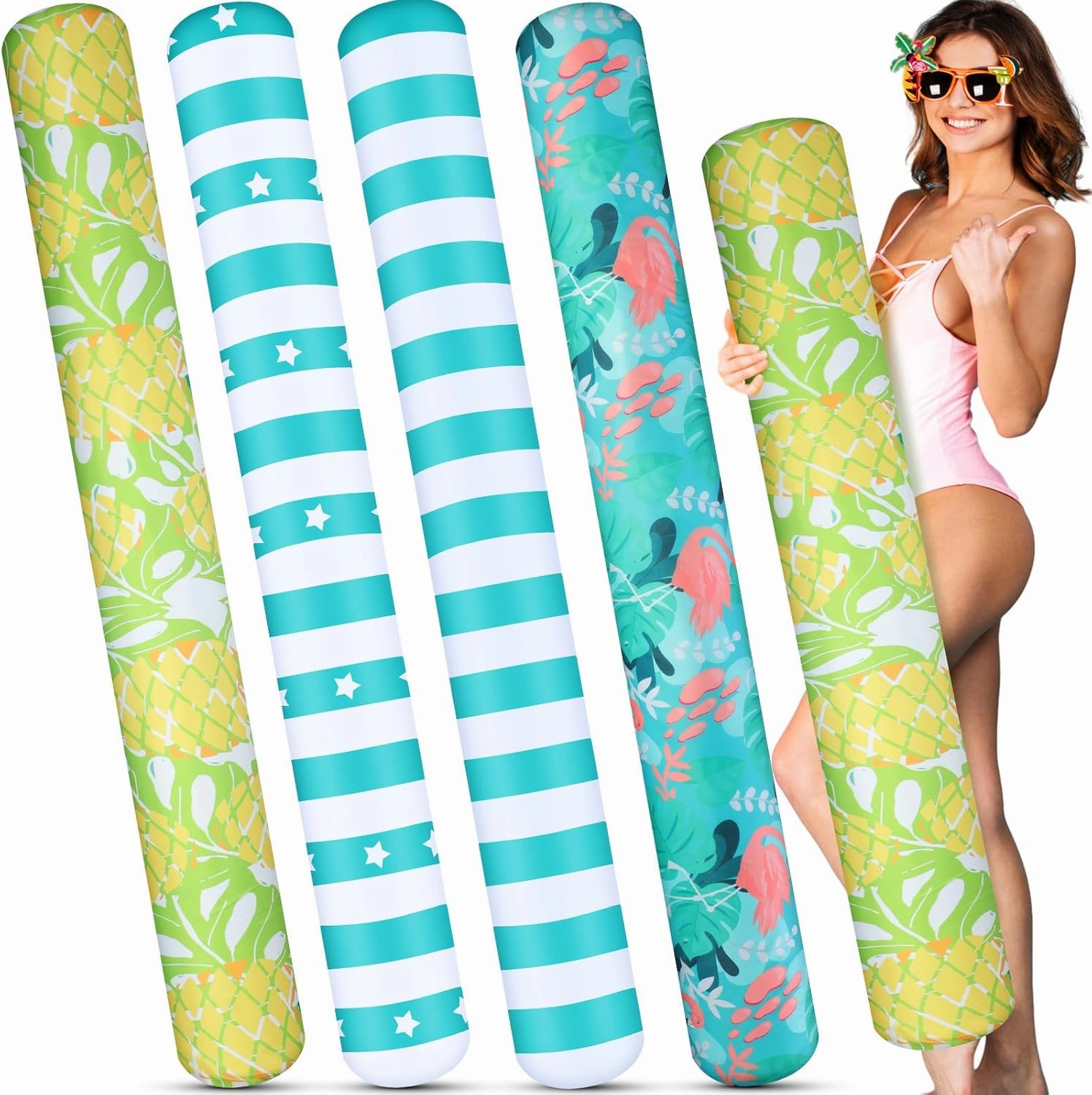 4 Pack Inflatable Pool Noodle Floats for Adults Soft Fabric Covered Large Swimming Pool Noodles for Floating for Summer Vacation Sea Beach Lake Exercise Party