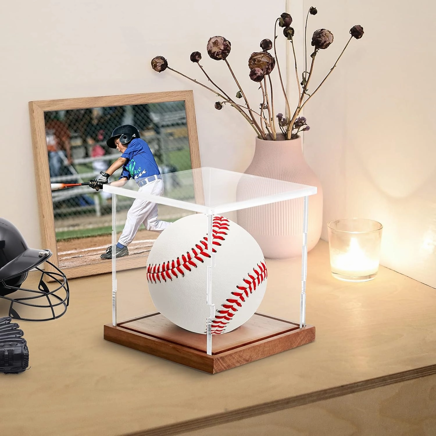 4-Pack Premium Wooden Baseball Display Case, Clear Acrylic Baseball Stand Holder – UV-Protective, Dust-Proof, Easy Assembly, Wonderful for Autographed or Collectible Baseballs