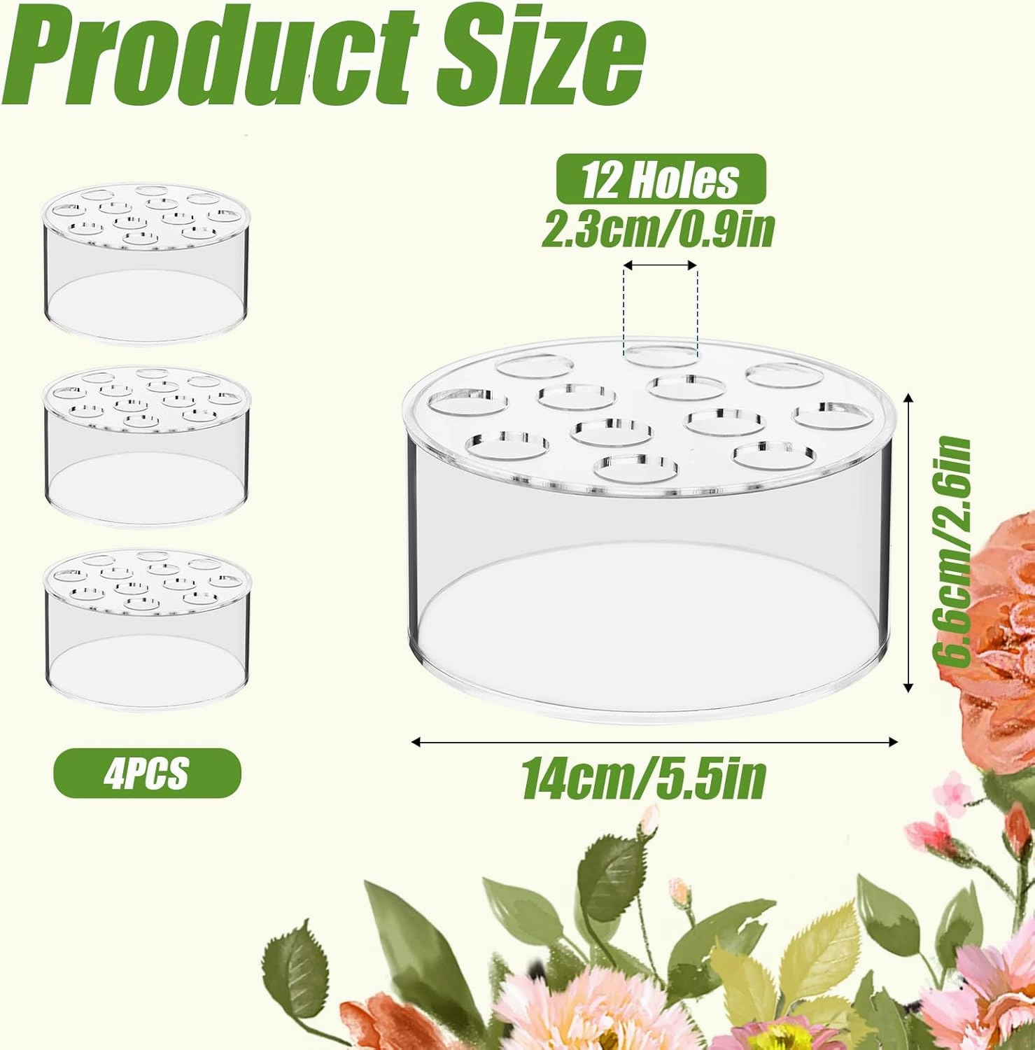 4 Pcs Acrylic Flower Vase, Round Clear Acrylic Vases Floral Centerpiece for Dining Tables Wedding Centerpiece Table Decorations Low Flower Vases with 12 Holes for Party Wedding Birthday Decor