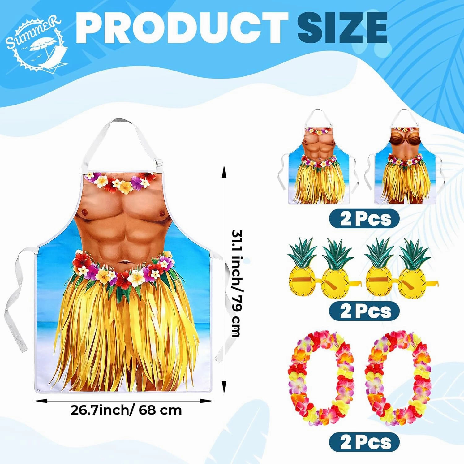 4 Pcs Funny Hawaiian Aprons Bikini Bandana Headband Retro Sunglasses Couple Aprons for Summer Party Men Women