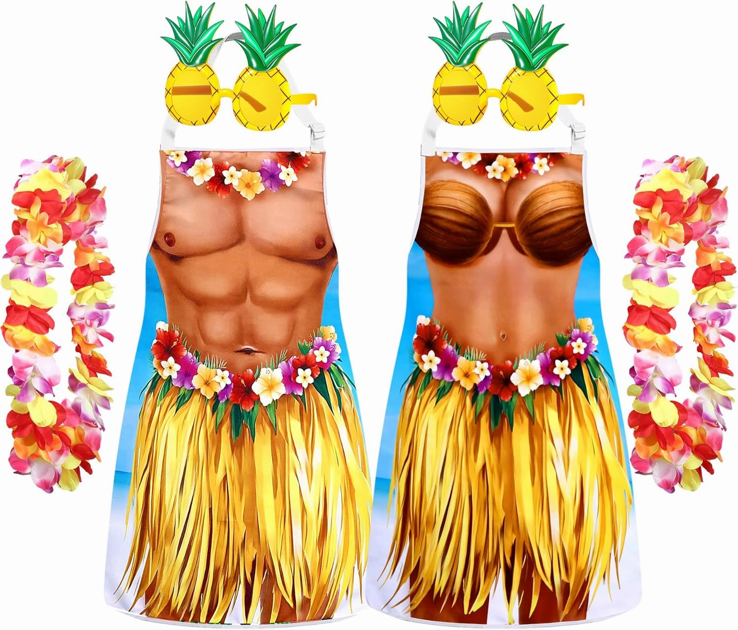 4 Pcs Funny Hawaiian Aprons Bikini Bandana Headband Retro Sunglasses Couple Aprons for Summer Party Men Women