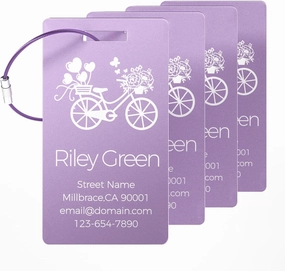 4 Personalized Metal Luggage Tags for Suitcase, Laser Engraved with Text and Logo, Custom Aluminum Name Tags with Stainless Steel Ring, for Travel, Golf Bag, and Baggage (Purple)