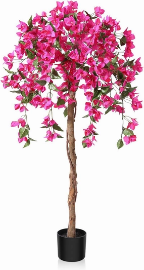 4FT Artificial Tree Tall Potted Fake Bougainvillea Trees for Outdoor Indoor Office Wedding Home Decor Lifelike Faux Plants with Wood Trunk and Pink Flowers