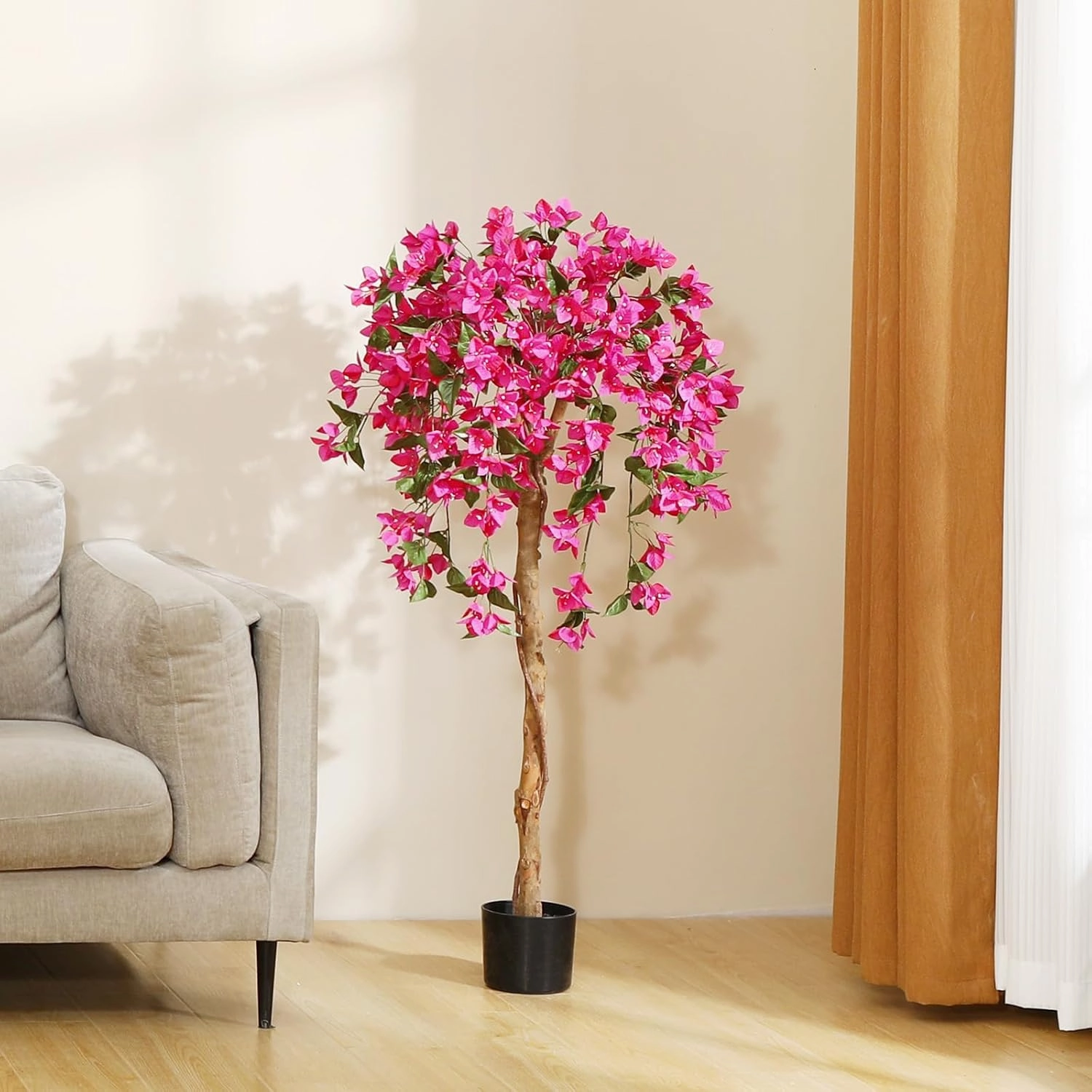 4FT Artificial Tree Tall Potted Fake Bougainvillea Trees for Outdoor Indoor Office Wedding Home Decor Lifelike Faux Plants with Wood Trunk and Pink Flowers