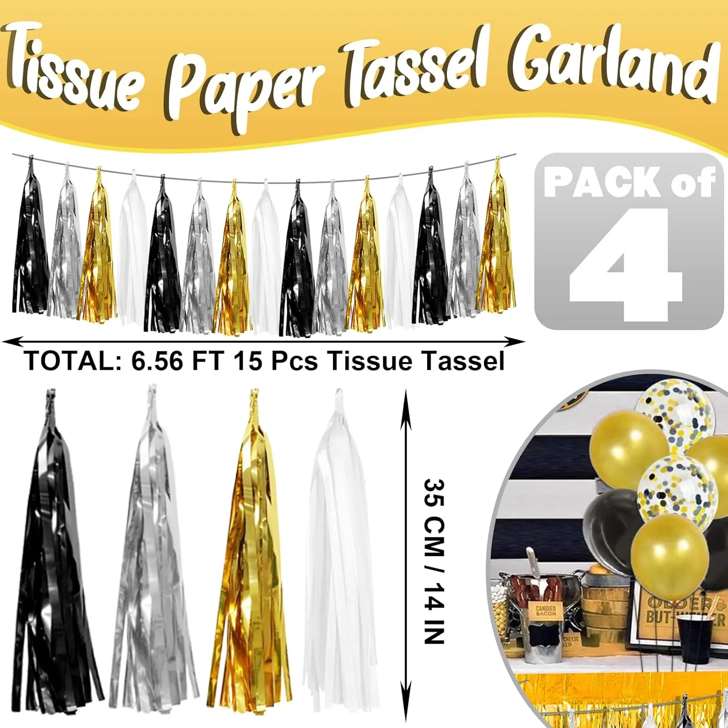4P Black Gold Silver Foil Fringe Metallic Tassel Garland, Tassels Banner Streamers for Parade Floats, Bachelorette, Wedding, Birthday, Halloween, Christmas, Bridal/Baby Shower Party Decorations