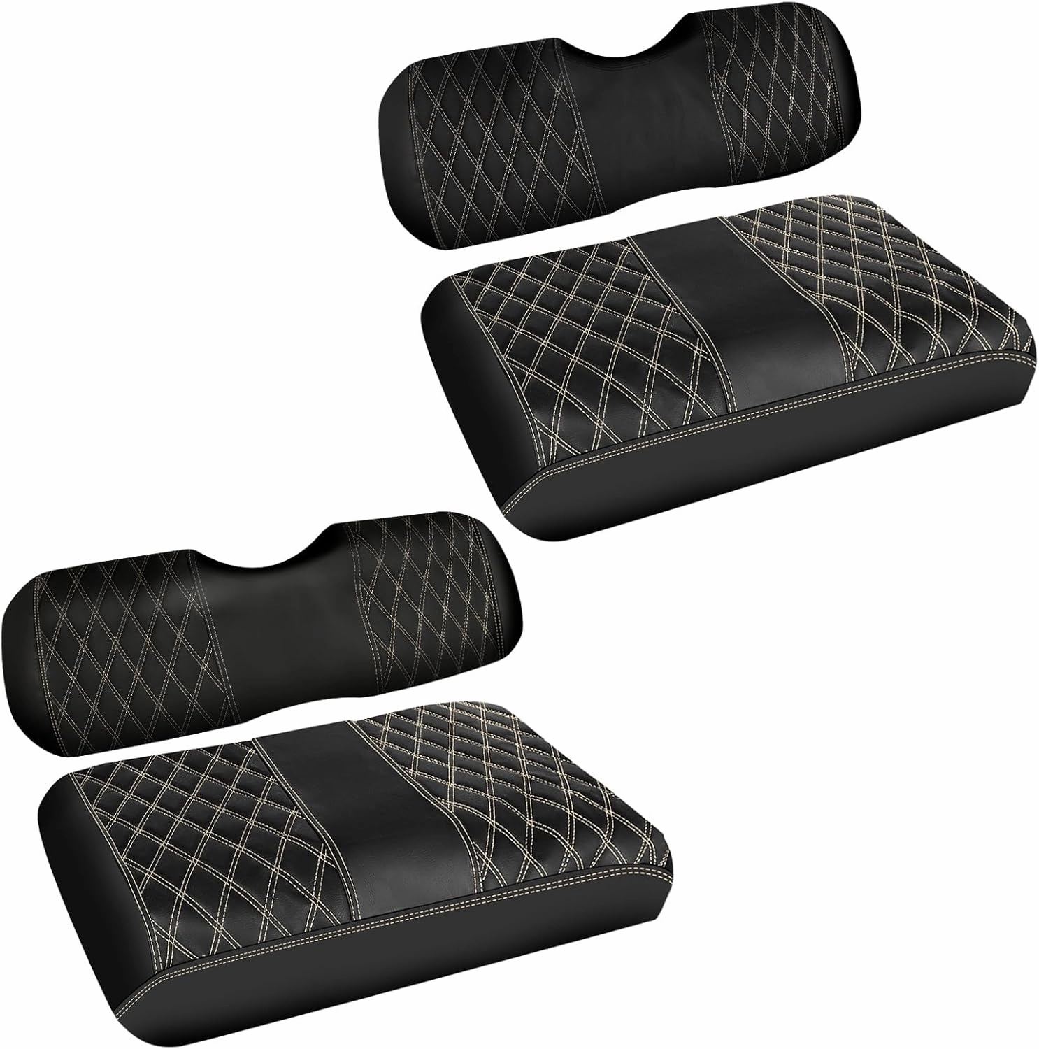 4PCS Waterproof Leather Golf Cart Seat Covers Compatible with EZGO TXT 1994-2013 Front & Aftermarket Rear Seat Kits | Beige Stitching | No Staple Installation