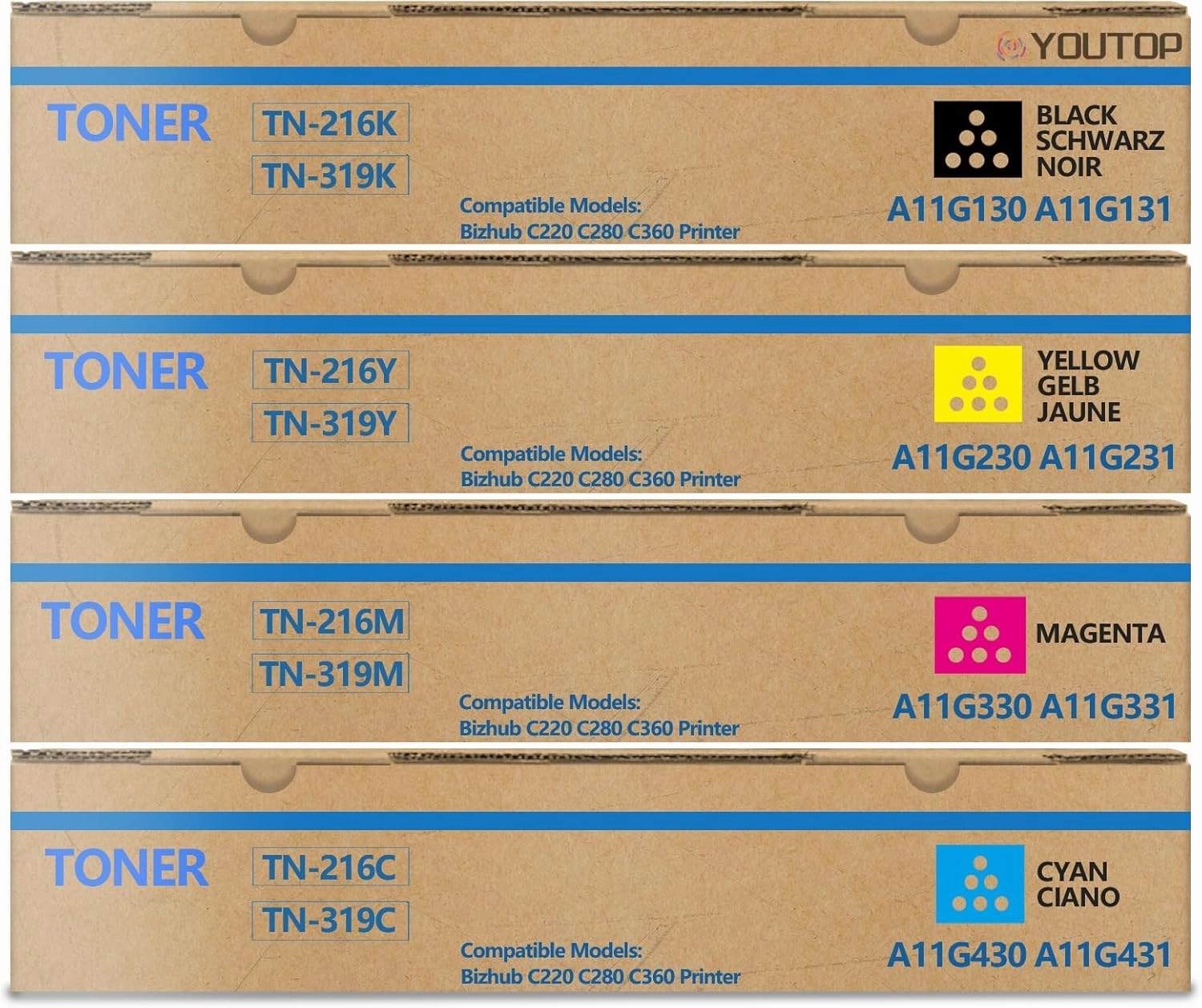 4PK TN-216 TN-319 TN216 TN319 Toner Cartridge Compatible for Konica Minolta Bizhub C220 C280 C360 Printer
