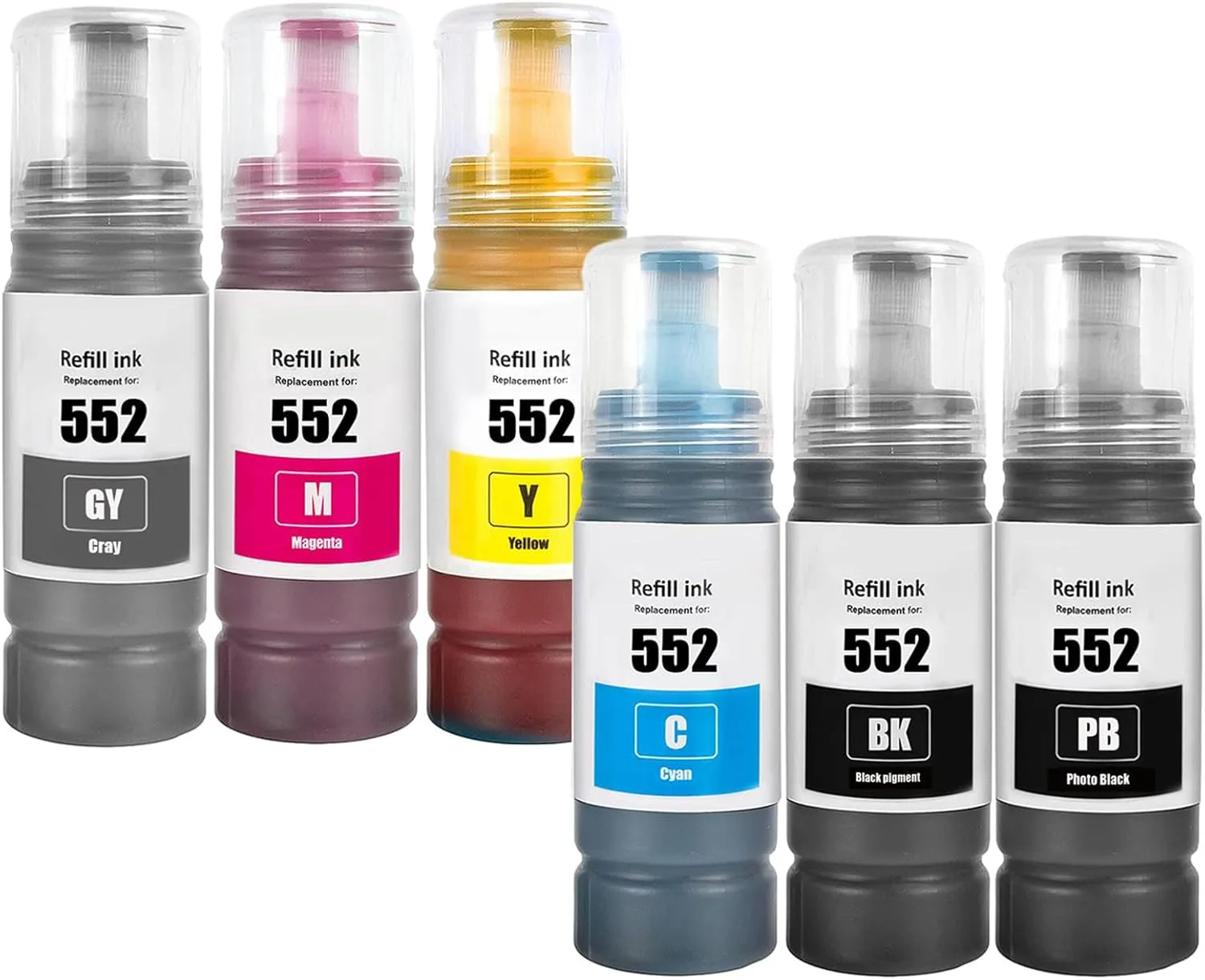 552 T552 Ink Refill Bottles Remanufactured for 552 T552 Ink Refill Bottles Use for ET-8500 ET-8550 ET8500 ET8550 8500 8550 Printer 6 Color Multipack (BK/PBK/C/M/Y/GY)