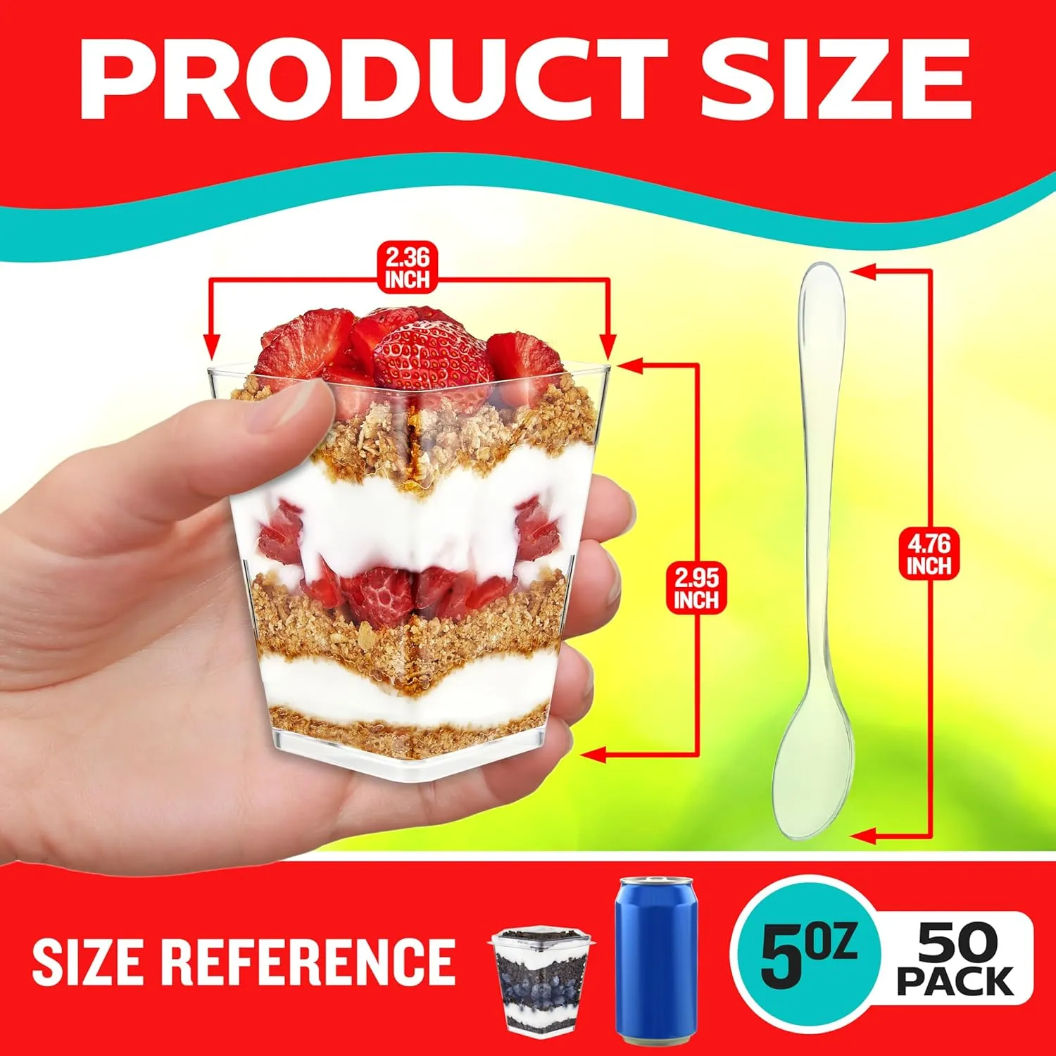5oz Plastic Dessert Cups with Lids and Spoons - Appetizer Cups for Pudding, Parfait, Ice Cream, and Cocktails, BPA-Free, Clear Reusable Serving Cups, Elegant Design, Pack of 50