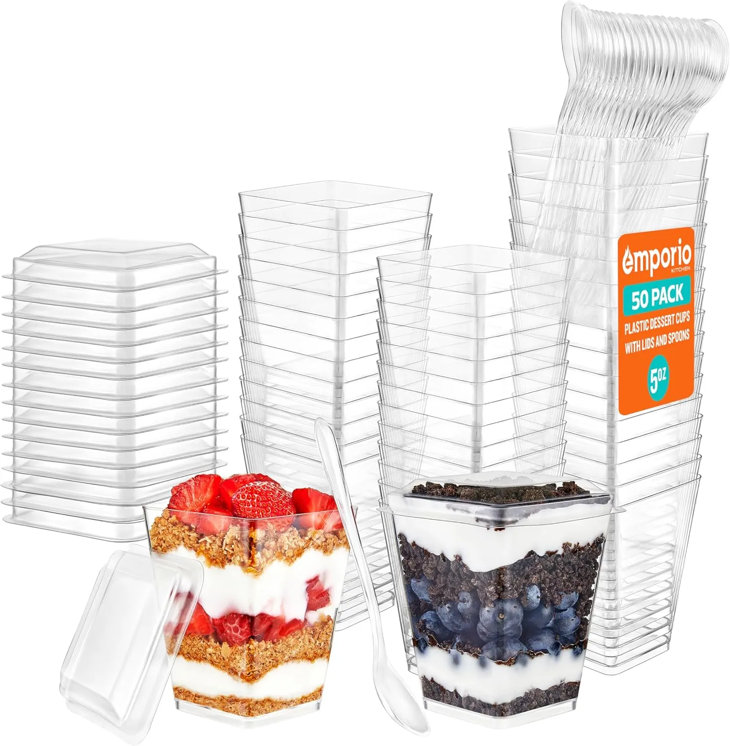 5oz Plastic Dessert Cups with Lids and Spoons - Appetizer Cups for Pudding, Parfait, Ice Cream, and Cocktails, BPA-Free, Clear Reusable Serving Cups, Elegant Design, Pack of 50