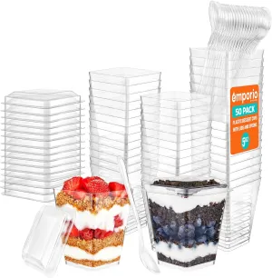 5oz Plastic Dessert Cups with Lids and Spoons - Appetizer Cups for Pudding, Parfait, Ice Cream, and Cocktails, BPA-Free, Clear Reusable Serving Cups, Elegant Design, Pack of 50