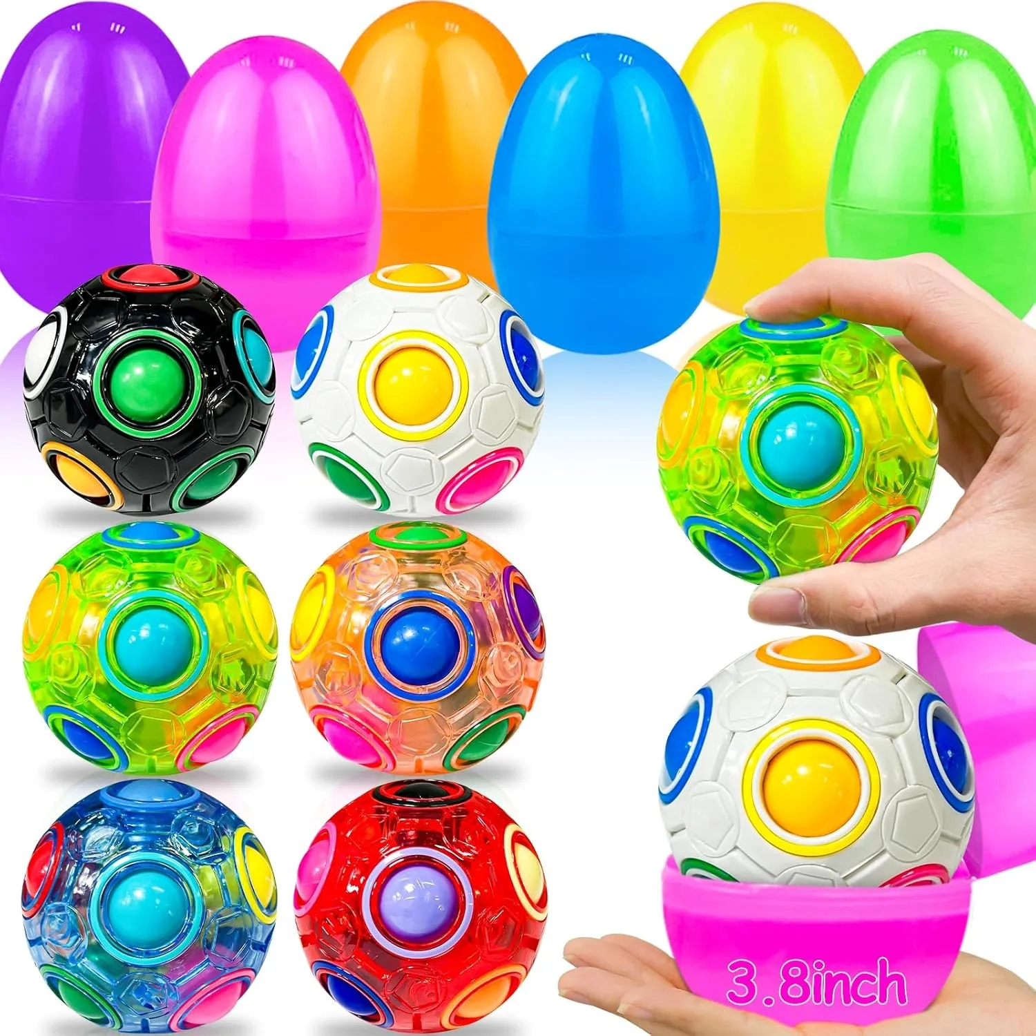 6 Pack 3.8'' Jumbo Easter Eggs with SpinMaster Rainbow Balls - 3D Magic Cube Brain-Boosting Toys for Kids Ages 6-12, Fidget Toys, Easter Basket Essential, Egg Hunt Prizes & Sensory Party Favors