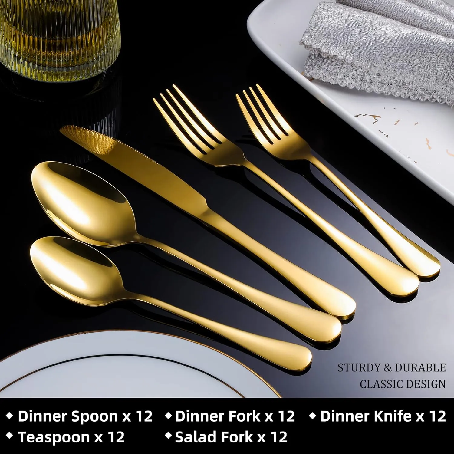 60-Piece Gold Silverware Set, Stainless Steel Flatware Cutlery Set Service for 12, Utensils Tableware Cutlery for Home Restaurant, Mirror Finish, Dishwasher Safe (Gold)