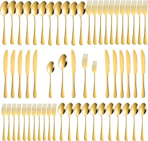 60-Piece Gold Silverware Set, Stainless Steel Flatware Cutlery Set Service for 12, Utensils Tableware Cutlery for Home Restaurant, Mirror Finish, Dishwasher Safe (Gold)