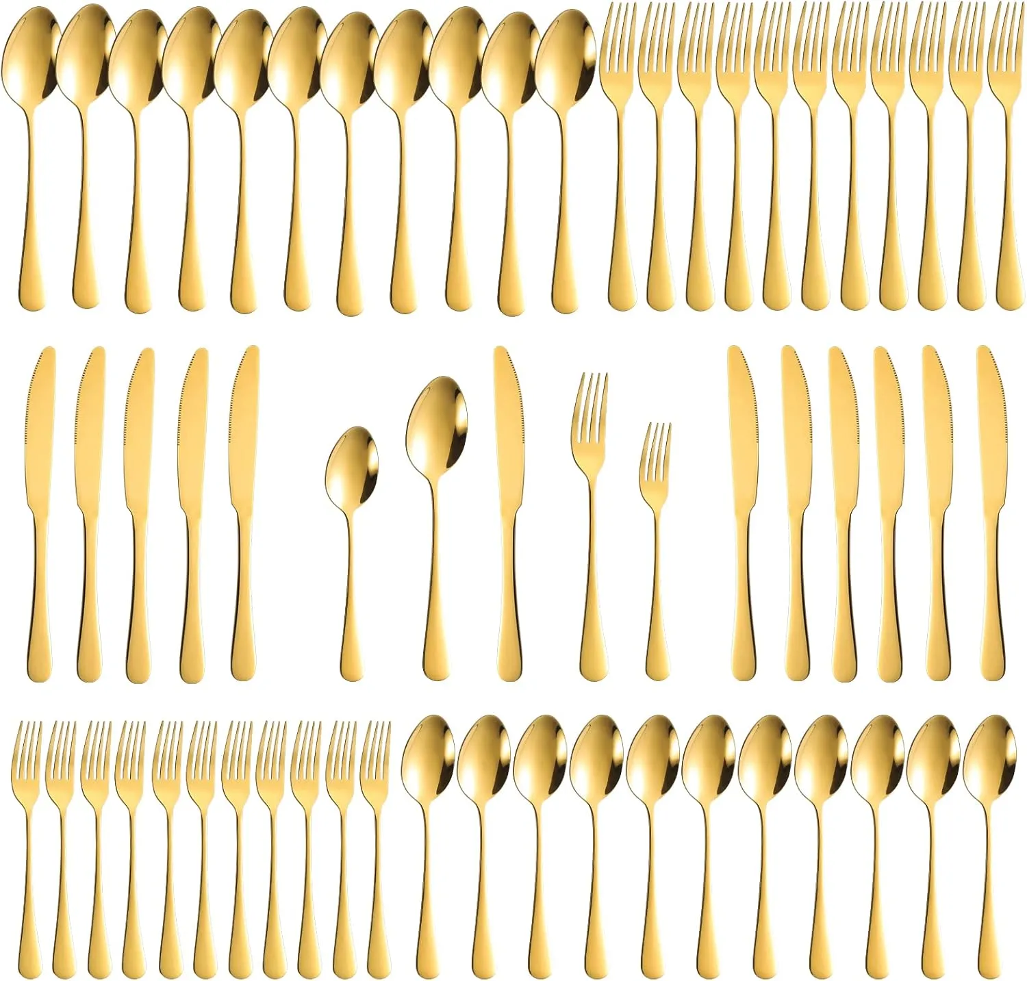 60-Piece Gold Silverware Set, Stainless Steel Flatware Cutlery Set Service for 12, Utensils Tableware Cutlery for Home Restaurant, Mirror Finish, Dishwasher Safe (Gold)