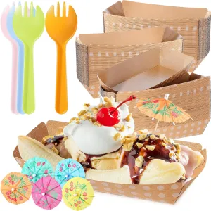 60 Set Colorful Food Trays Boat Paper Disposable Banana Split Boats with Umbrellas 8 oz Nacho Bowls for Birthday Summer Party Supplies Dessert (Kraft,White Polka Dot Style)