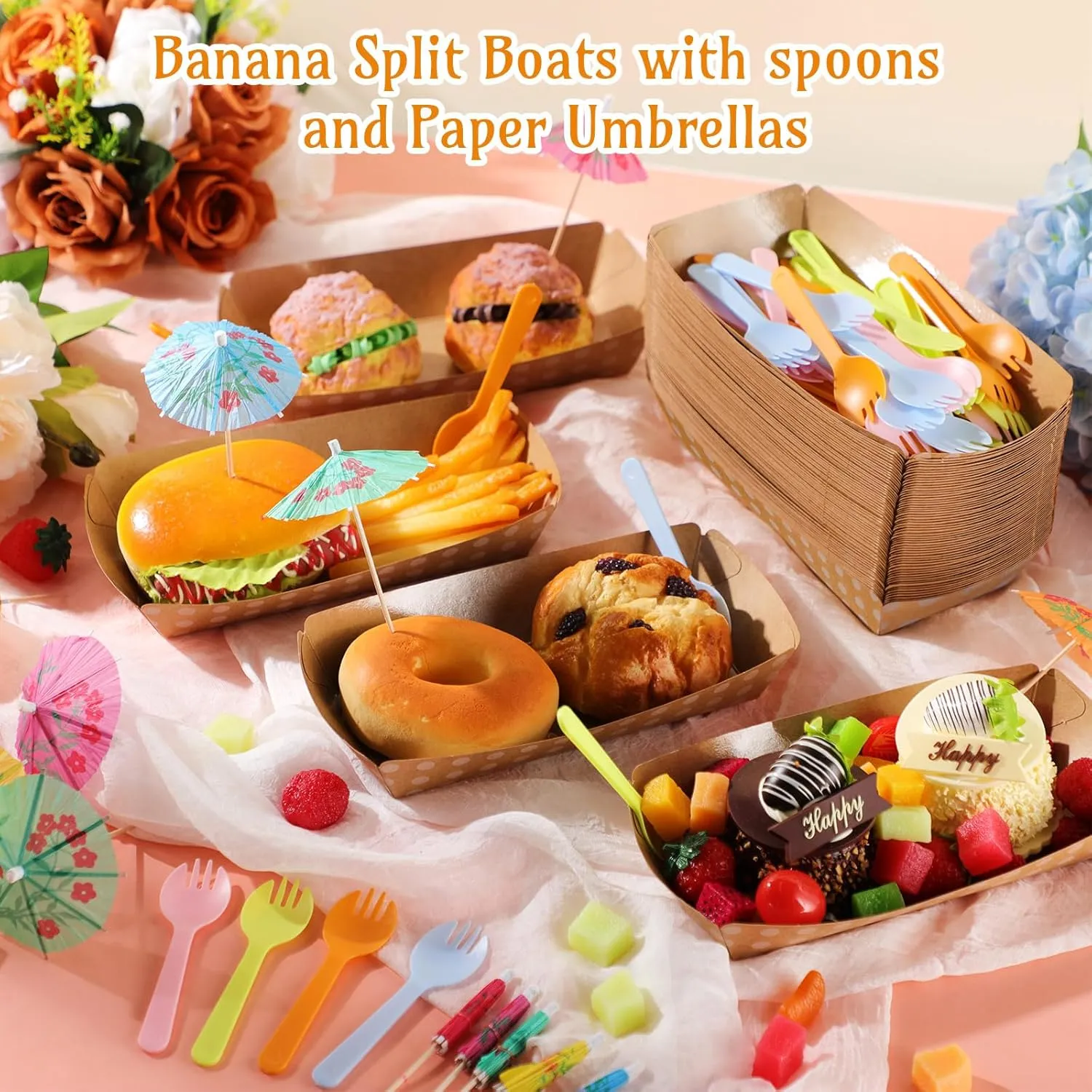 60 Set Colorful Food Trays Boat Paper Disposable Banana Split Boats with Umbrellas 8 oz Nacho Bowls for Birthday Summer Party Supplies Dessert (Kraft,White Polka Dot Style)
