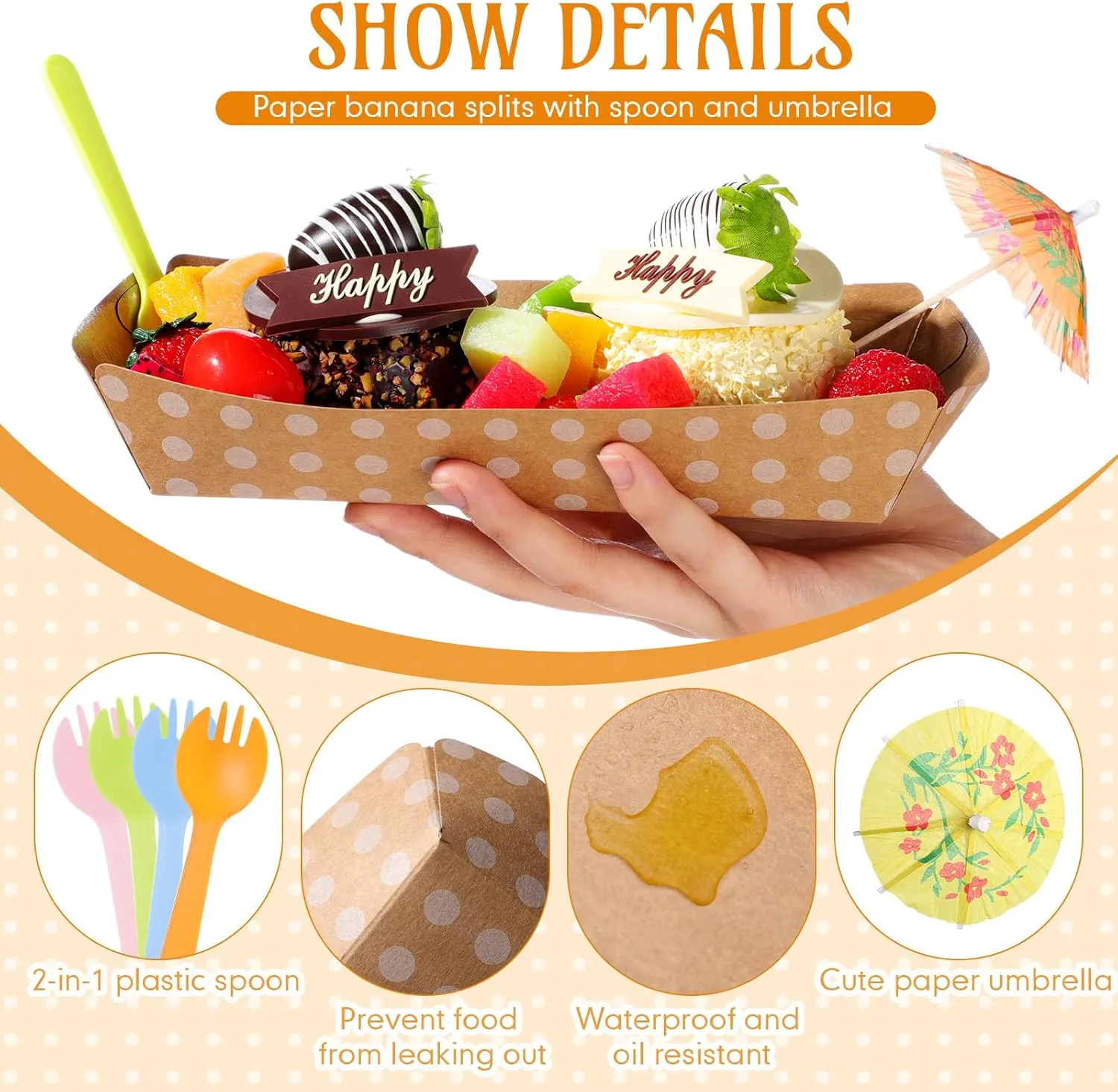 60 Set Colorful Food Trays Boat Paper Disposable Banana Split Boats with Umbrellas 8 oz Nacho Bowls for Birthday Summer Party Supplies Dessert (Kraft,White Polka Dot Style)