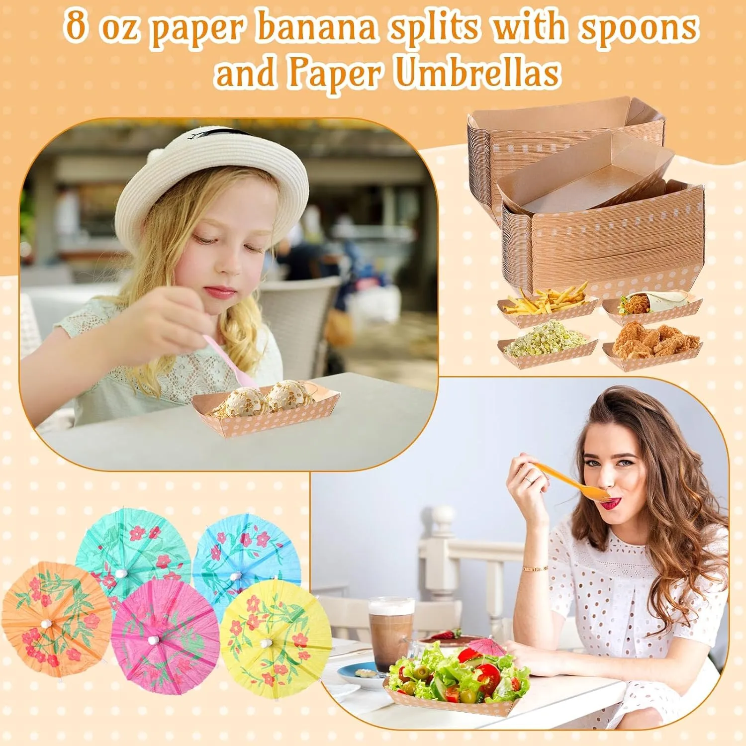 60 Set Colorful Food Trays Boat Paper Disposable Banana Split Boats with Umbrellas 8 oz Nacho Bowls for Birthday Summer Party Supplies Dessert (Kraft,White Polka Dot Style)